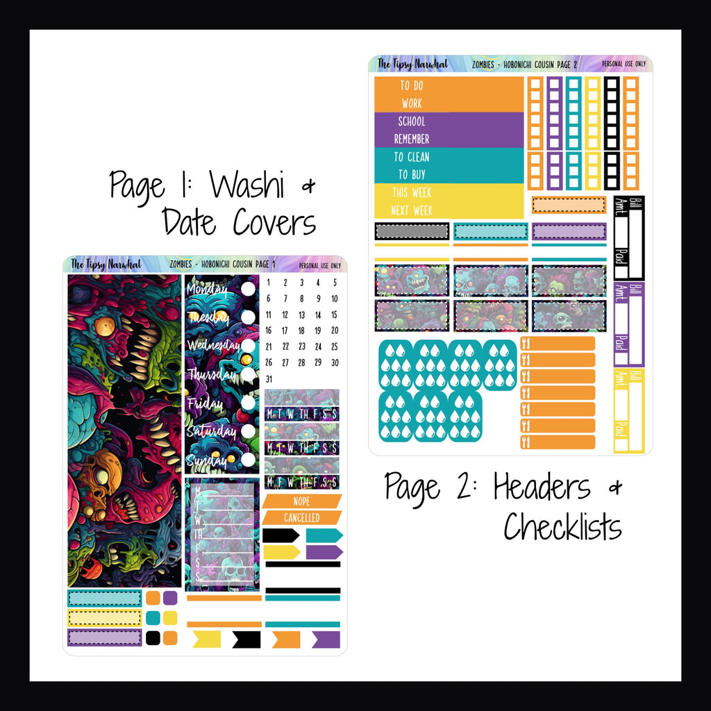 Zombie Hobonichi Kit Page 1, Zombie Hobonichi Cousin Kit Page 2, Washi Strips, Date Covers, Date Stickers, Habit Trackers, Weekly Sticker, Cancelled Stickers, Skinny Stickers, Half Box Stickers, Water Tracker, Bill Tracker, Checklist Stickers, Header Stickers