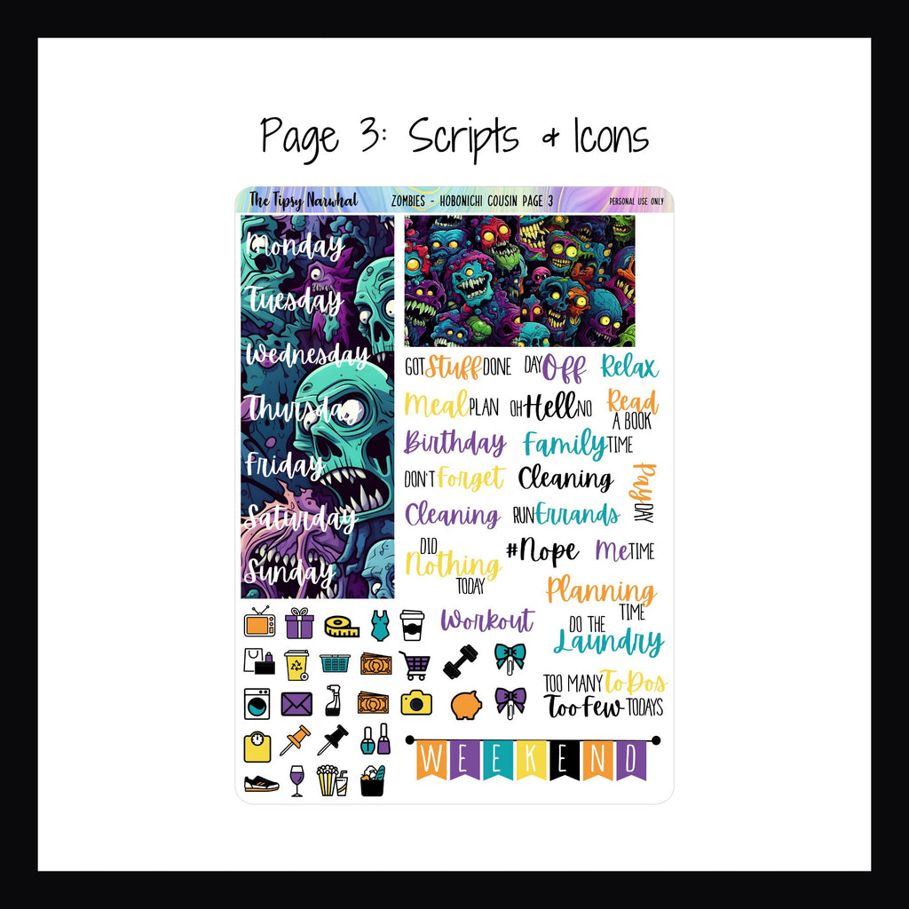 Zombies Hobonichi Cousin Kit Page 3 Zombie Date Covers, Zombie Full Box decor, Weekend Banner, Daily Icons, Script Stickers
