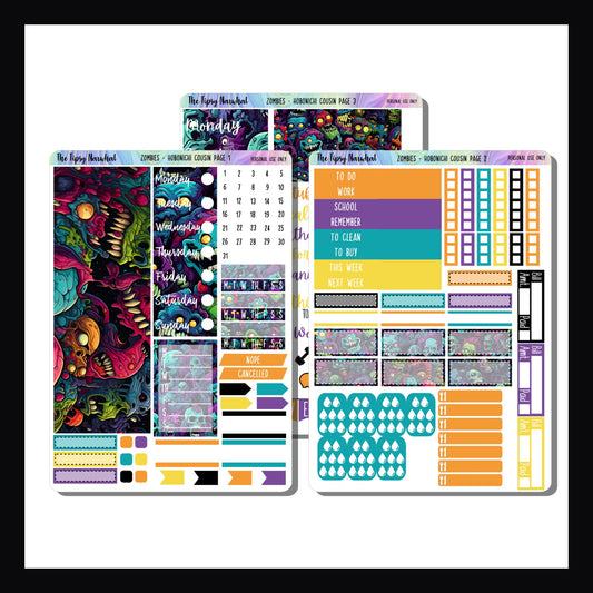 Hobonichi Cousin Sticker Kit, Hobo Cousin, Cousin Stickers, Cousin Weekly Kit, Cousin Daily Kit, Zombies, Halloween Stickers, Zombie Themed Kit, 3 Pages, Orange, Yellow, Purple, Blue, Vivid Colors, Abstract Zombie Patterns