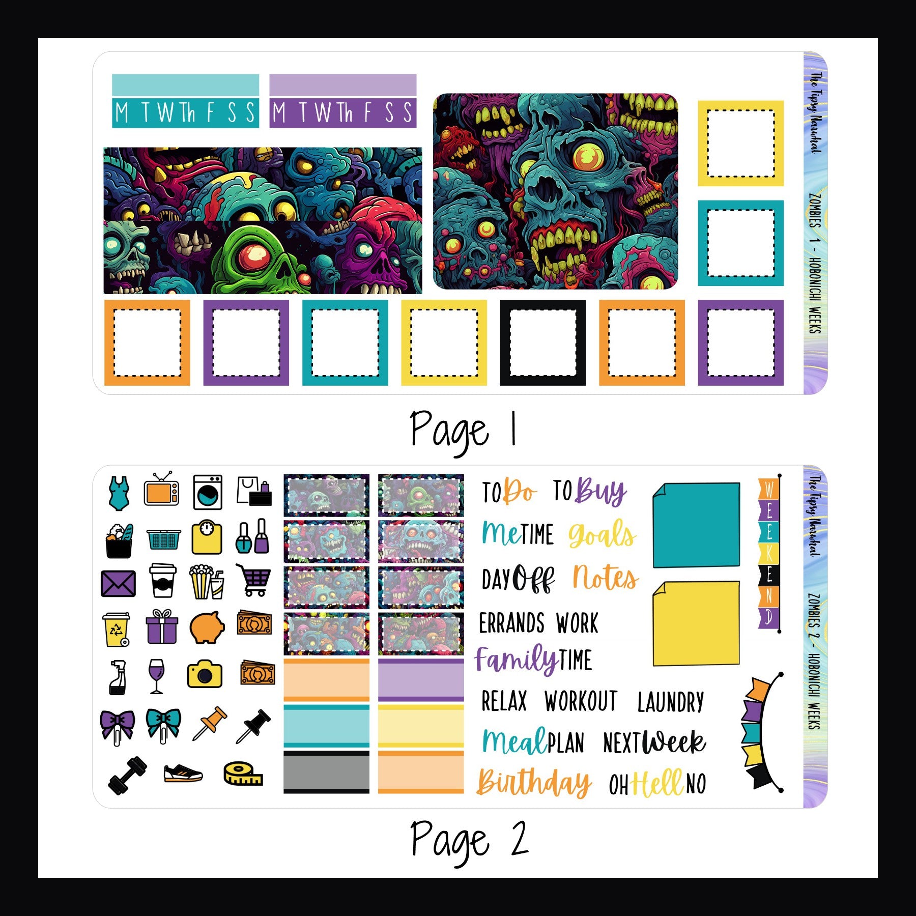 Zombie Hobonichi Weeks Kit Pages 1 and 2, Zombie Themed Stickers, Box Stickers, Washi Strips, Appointment Stickers, Sticky Note Sticker, Weekend Banner, Script Stickers, Yellow, Blue, Purple, Orange 
