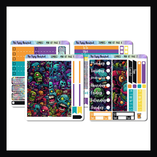 Zombies Mini Vertical Kit, 4 Page Kit, Abstract Zombie Patterns, Zombie Stickers, Halloween Stickers, Spooky Stickers, Scary Stickers, Lights Planner Action, Erin Condren, Plum Paper Planner, Happy Planner, Date Covers, Washi, Full Boxes, Vertical Layout, Weekly Layout Kit