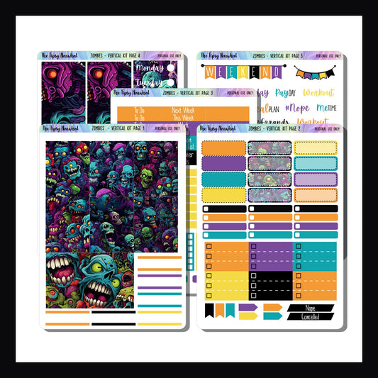 Zombies Vertical Weekly Kit, 5 Pages, Zombie Stickers, Spooky Stickers, Horror Stickers, Halloween Stickers, Vertical Layout, Weekly Layout, Weekly sticker kit, Lights planner action, plum paper planner, Happy planner, Erin Condren, standard vertical kit