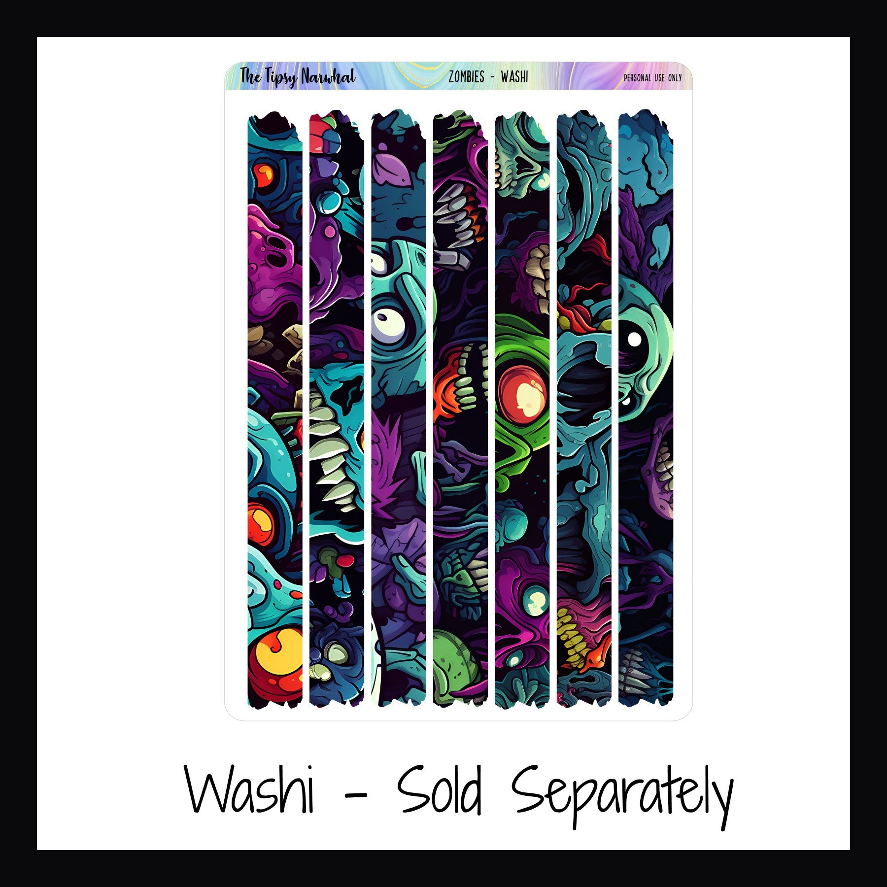 Zombies Washi Strips Sheet, 7 Washi Strips, Zombie Themed, Vivid Colors, Abstract Zombie Pattern