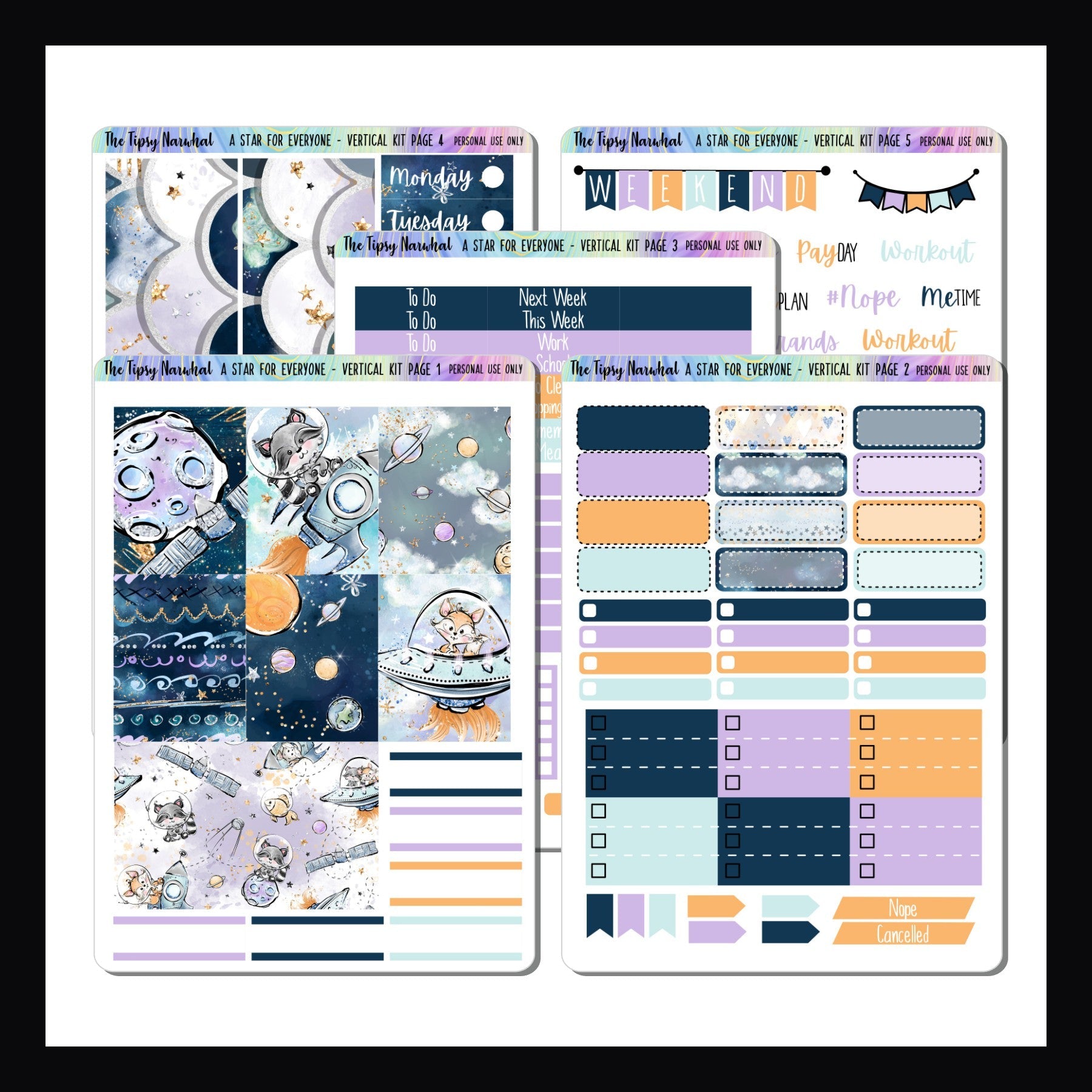 Vertical Weekly Kit - A Star For Everyone 5 page sticker kit shown on a white background.